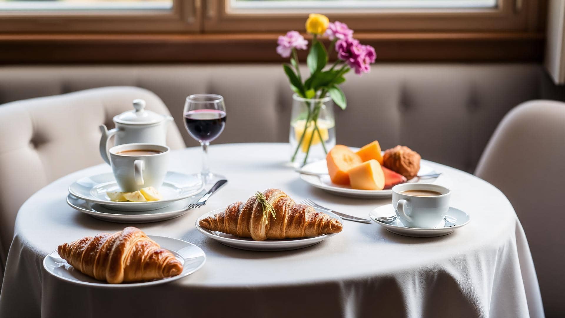 Brunch sucré salé sur une table à Lyon, croissants, café et fruits frais