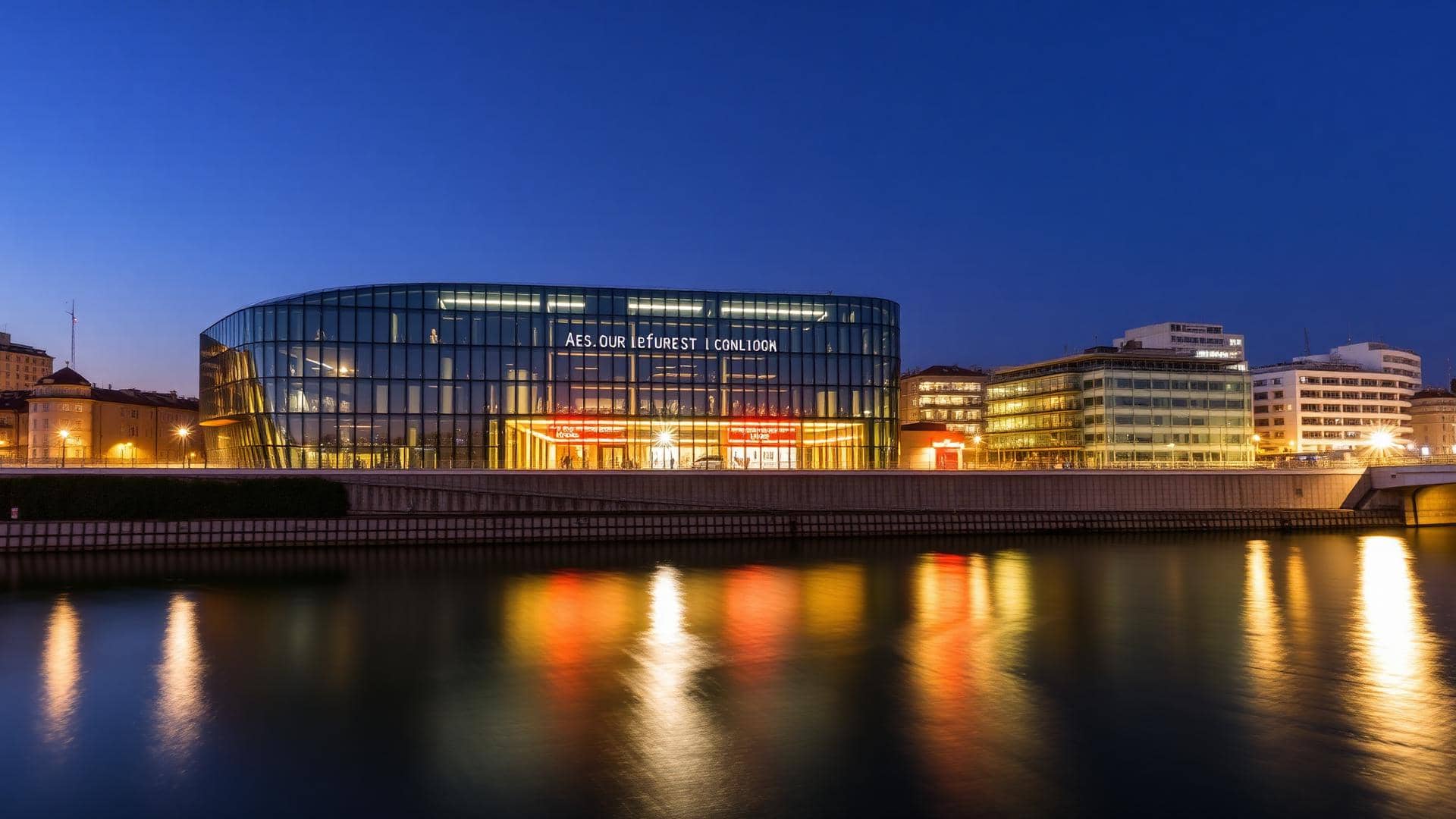 Musée des Confluences à Lyon au crépuscule, reflet sur le Rhône