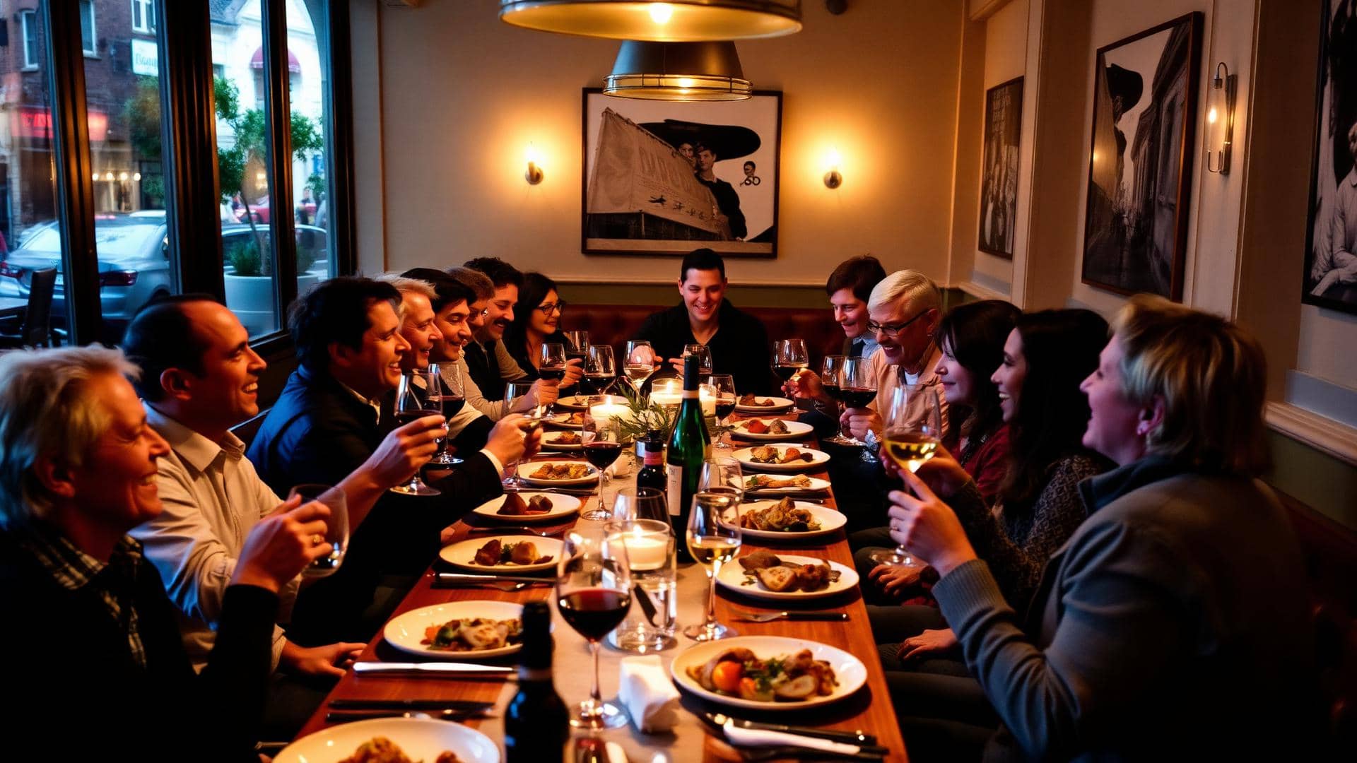 Grand groupe d'amis à table dans un restaurant lyonnais, ambiance festive