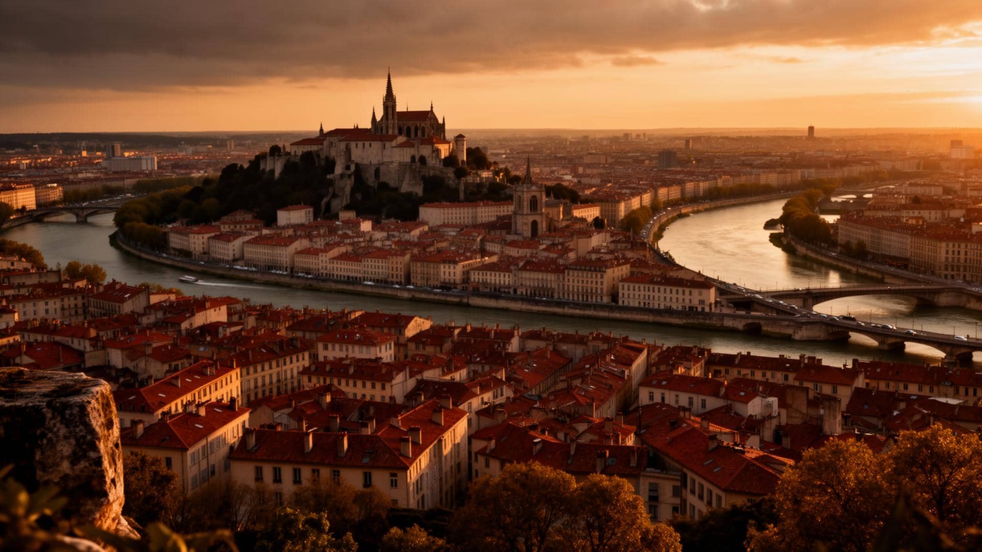 Vue de Lyon depuis Fourvière au coucher du soleil