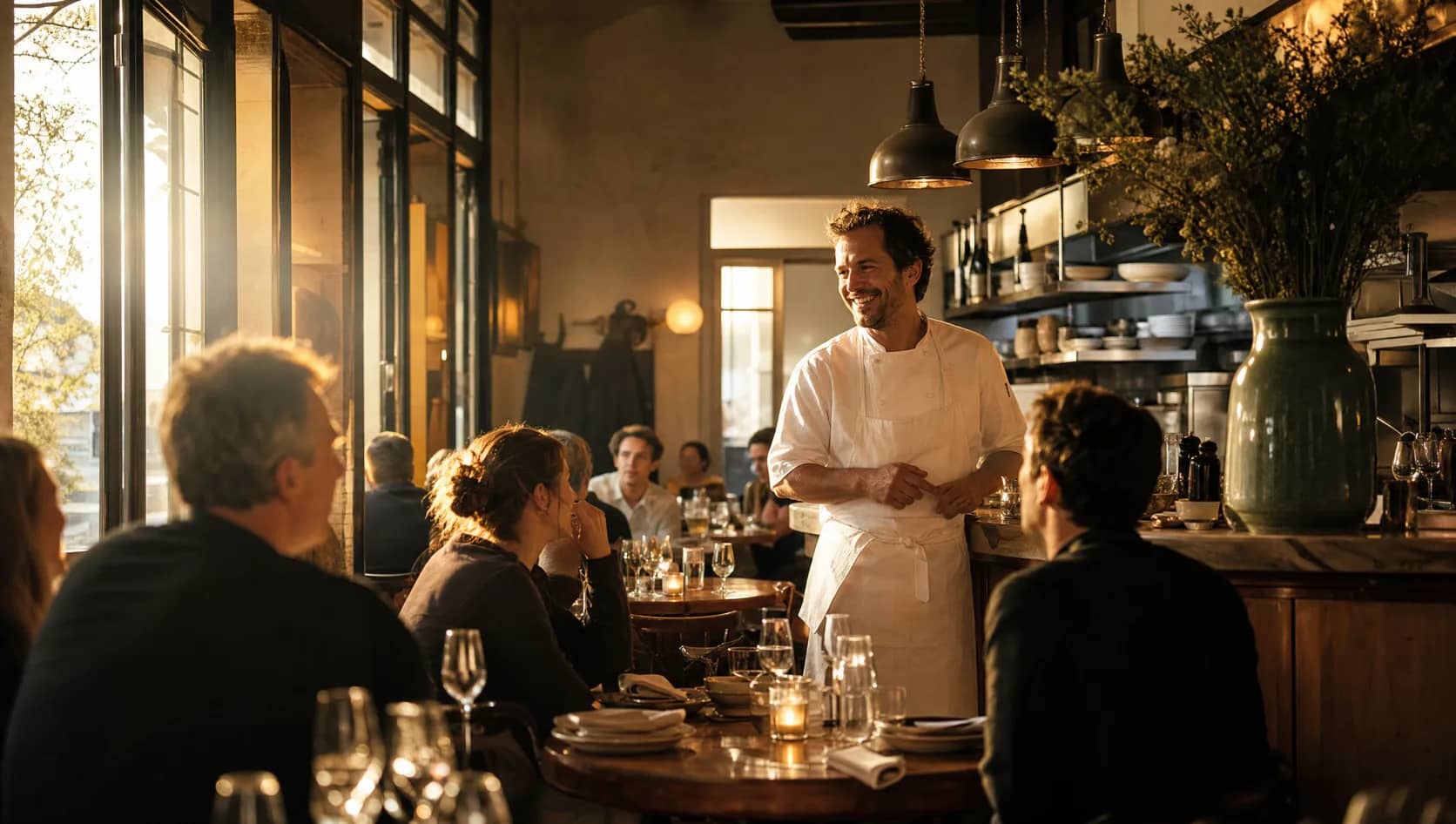 Salle chaleureuse d'un restaurant partenaire TheGoodSeat au coucher du soleil