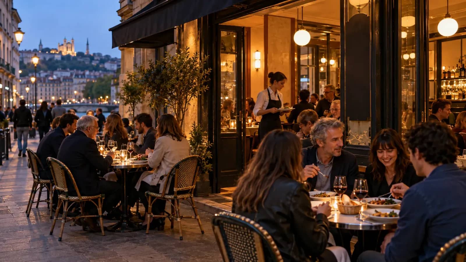 Terrasse animée d’une brasserie lyonnaise à la tombée du jour