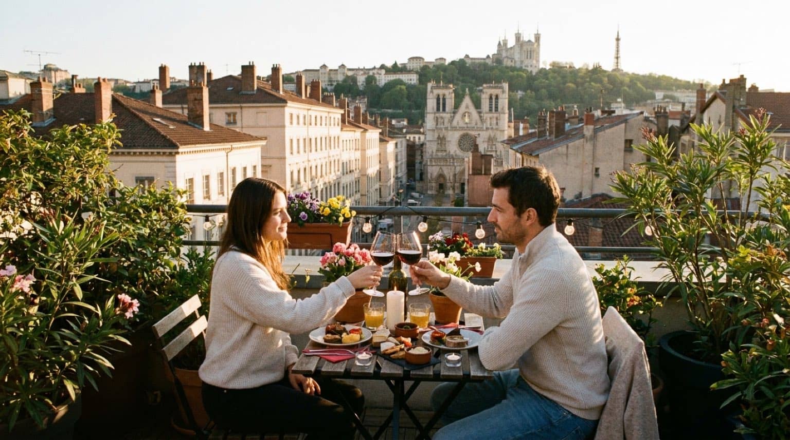 Dîner romantique pour deux sur un rooftop lyonnais à l'heure dorée