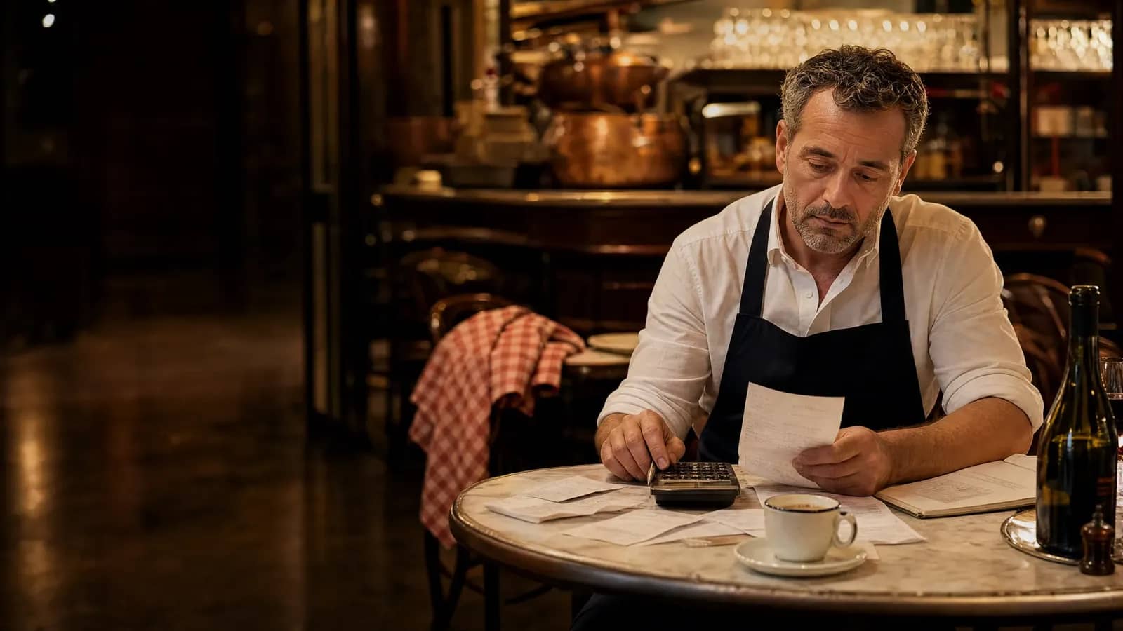 Patron de bistrot lyonnais faisant ses comptes : factures et calculatrice sur une table en marbre