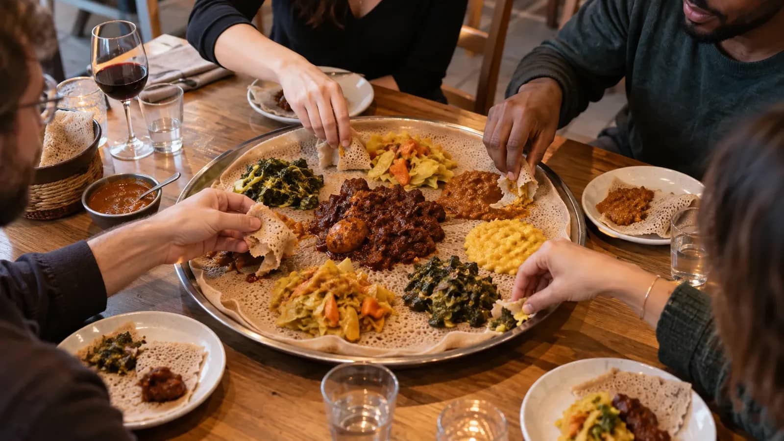 Des convives partagent une grande injera garnie de spécialités éthiopiennes à Lyon