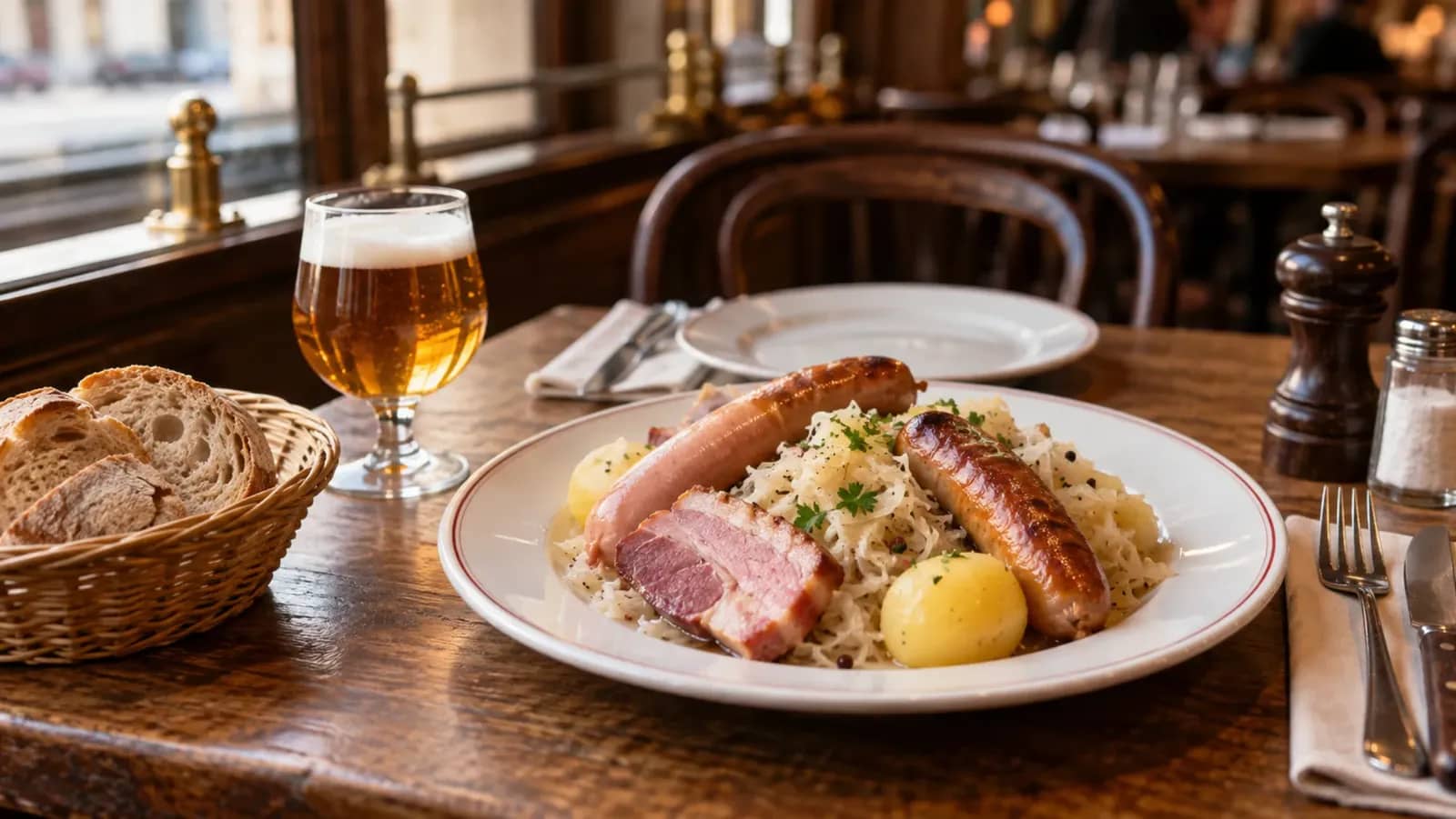 Choucroute garnie et bière servies sur une table de brasserie