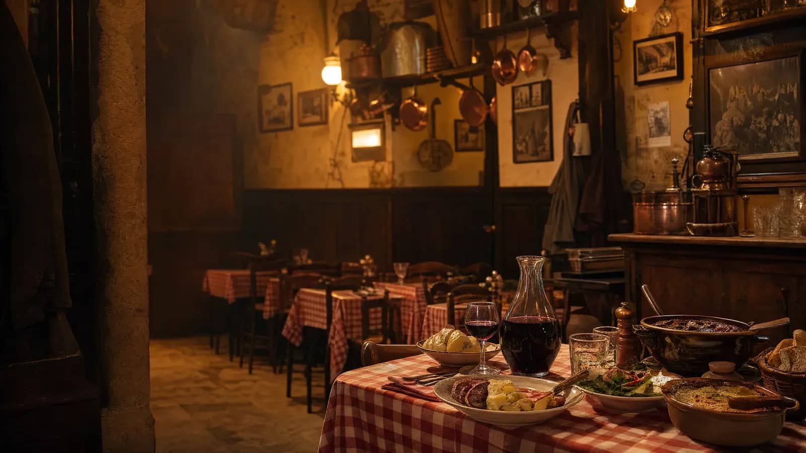 Salle d'un bouchon lyonnais traditionnel le soir : nappes à carreaux rouges et blancs, casseroles en cuivre aux murs et carafe de Beaujolais sur la table