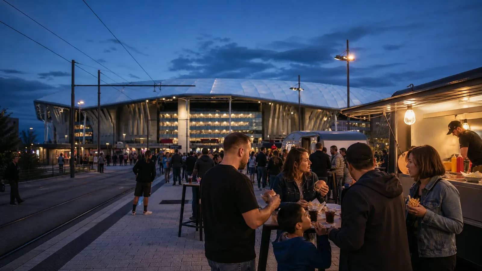 Supporters partageant un repas devant le Groupama Stadium avant un match à Lyon