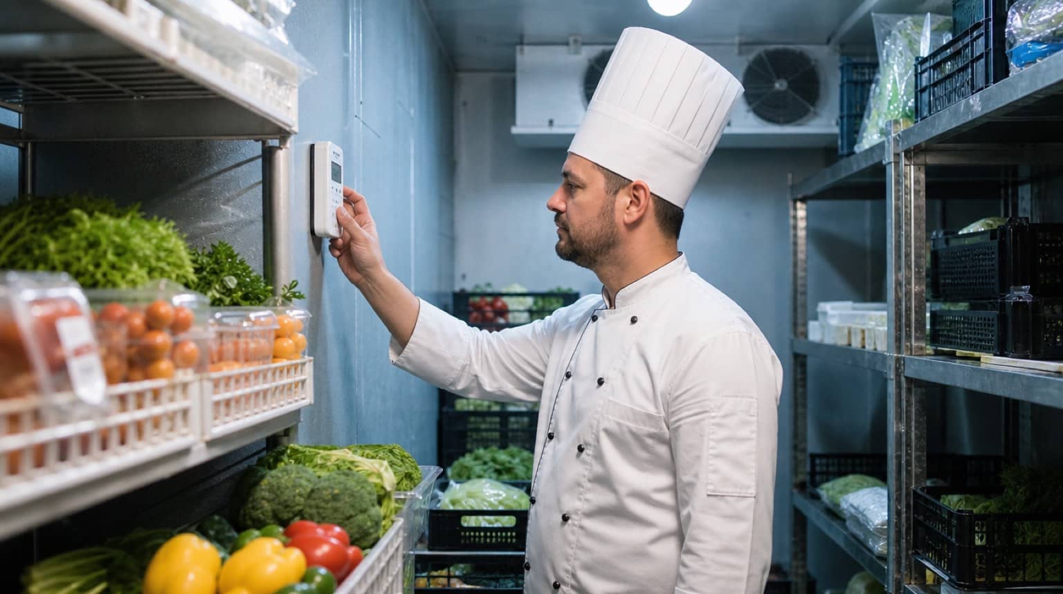 Chef vérifiant le thermomètre d'une chambre froide, chaîne du froid en restaurant