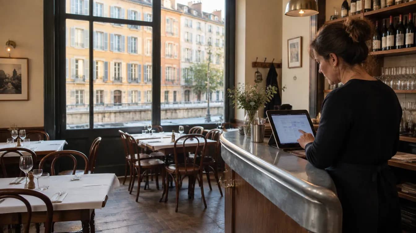 Restauratrice consultant son planning de réservations sur une tablette au comptoir de son bistrot lyonnais avant le service