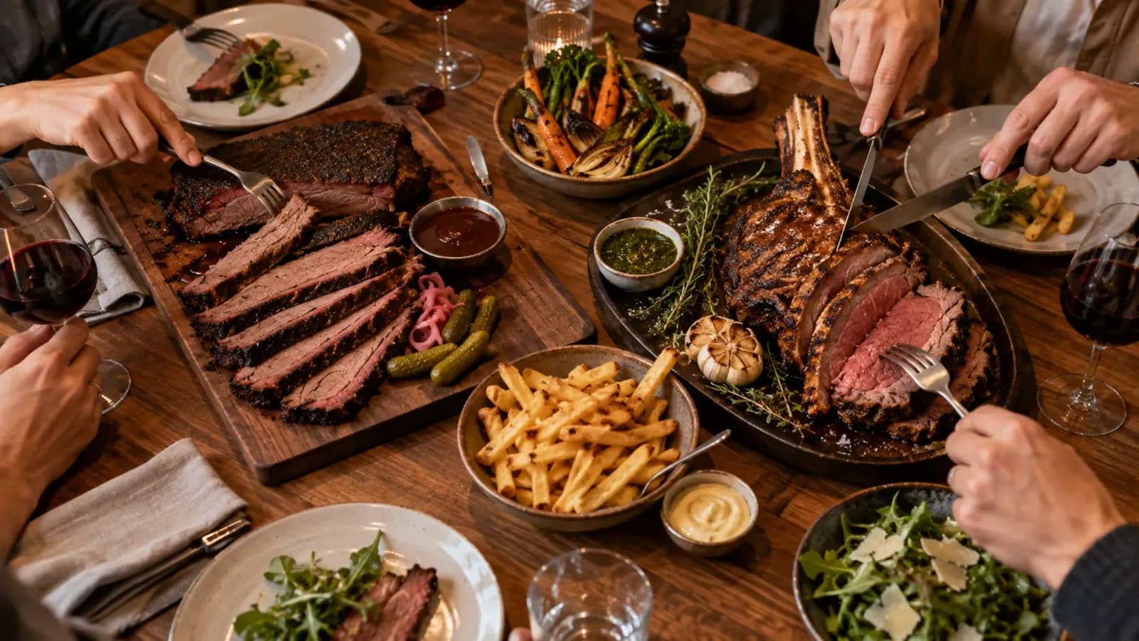 Côte de bœuf et poitrine fumée partagées autour d'une table