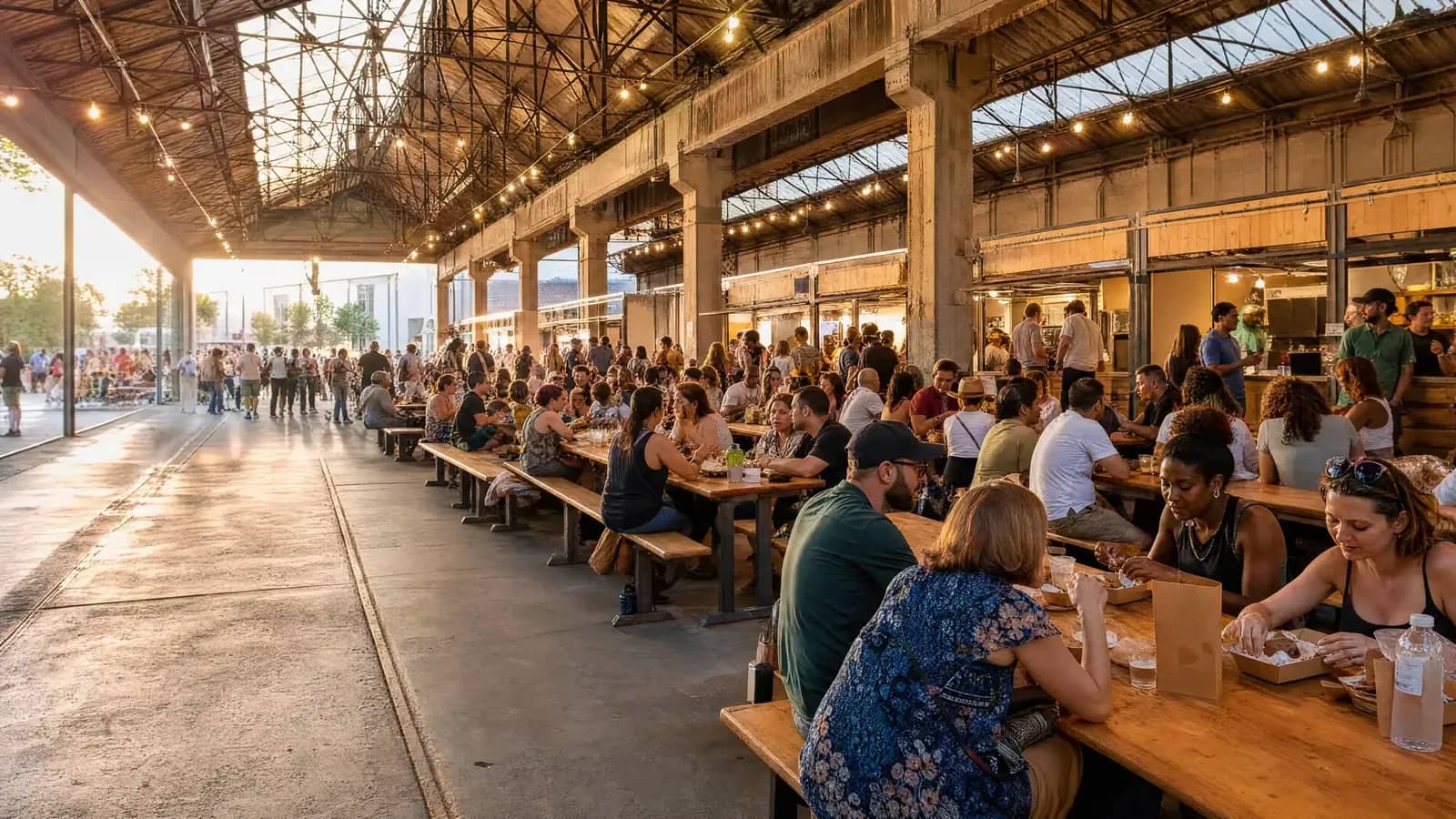 Foule attablée dans une halle industrielle lors d un festival de street food à Lyon