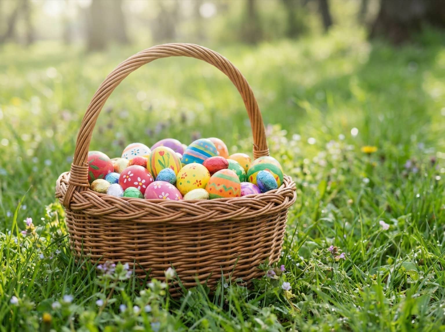 Panier rempli d'œufs de Pâques colorés posé dans l'herbe