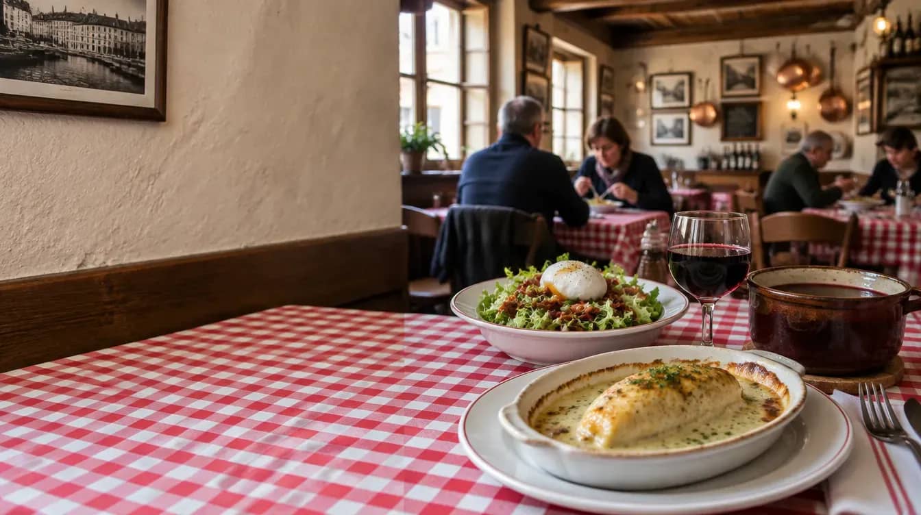 Déjeuner dans un bouchon lyonnais : quenelle gratinée, salade lyonnaise et vin rouge sur une nappe à carreaux rouges et blancs