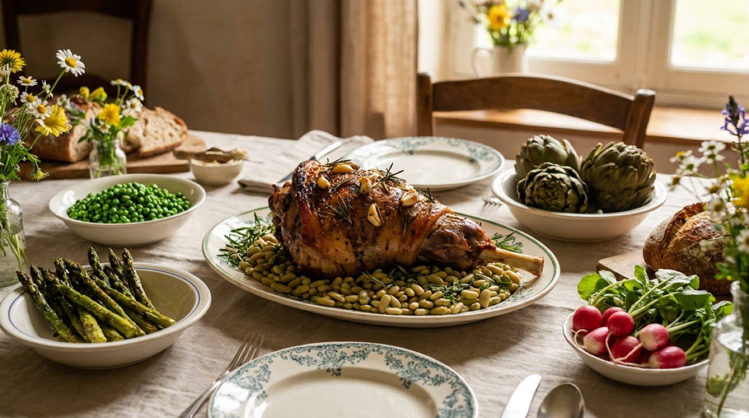 Table de Pâques traditionnelle avec gigot d'agneau et légumes de printemps