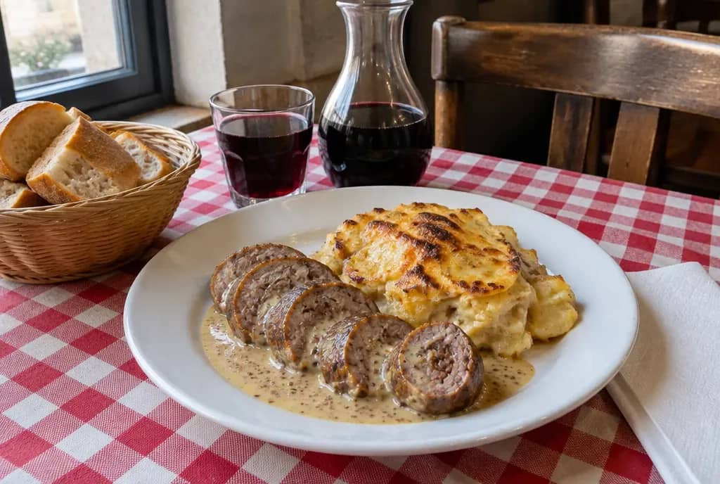 Plat du jour de bouchon lyonnais : saucisson chaud sauce moutarde et gratin dauphinois, pain et carafe de vin rouge