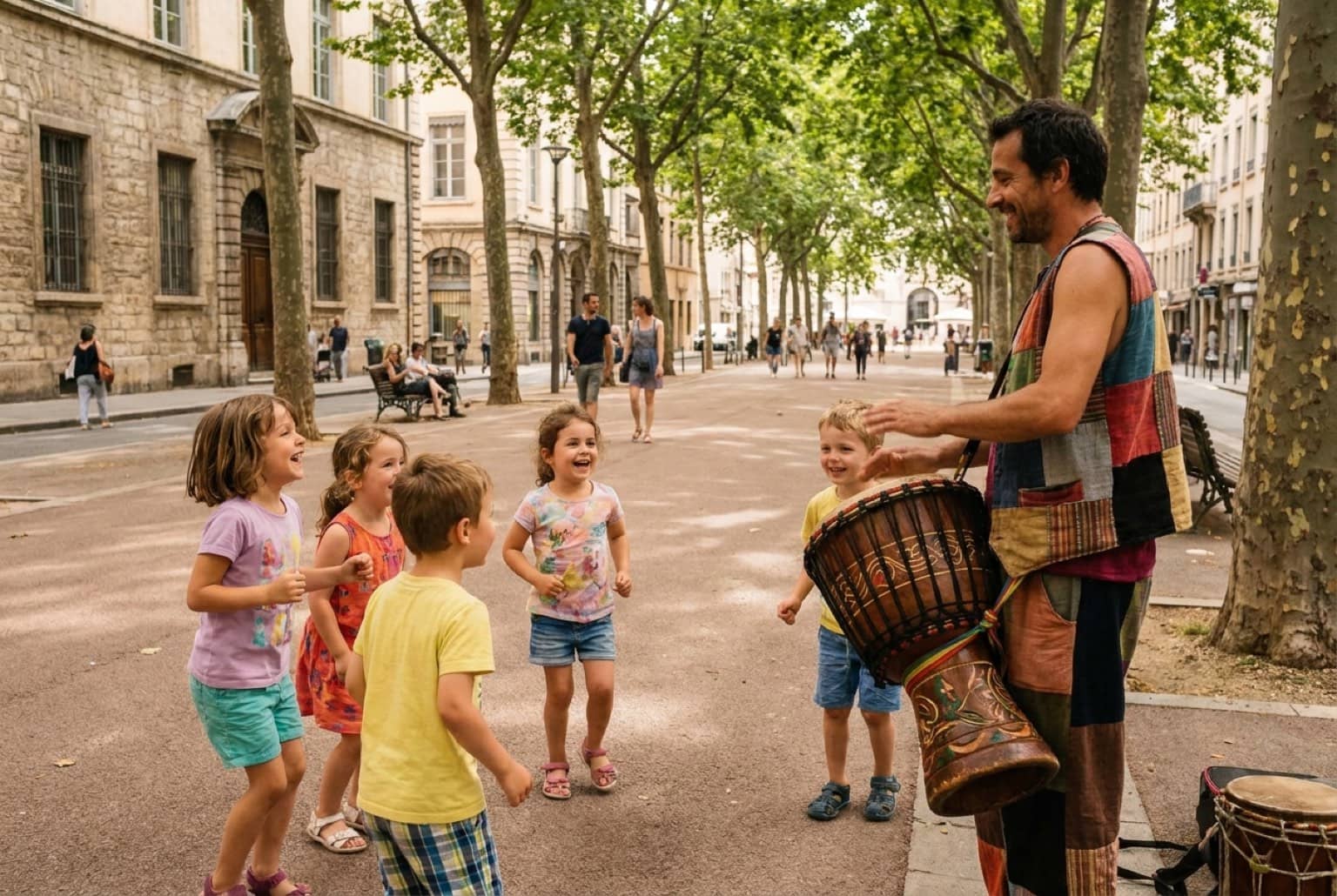 Enfants qui dansent devant un musicien de rue lors de la Fête de la Musique à Lyon