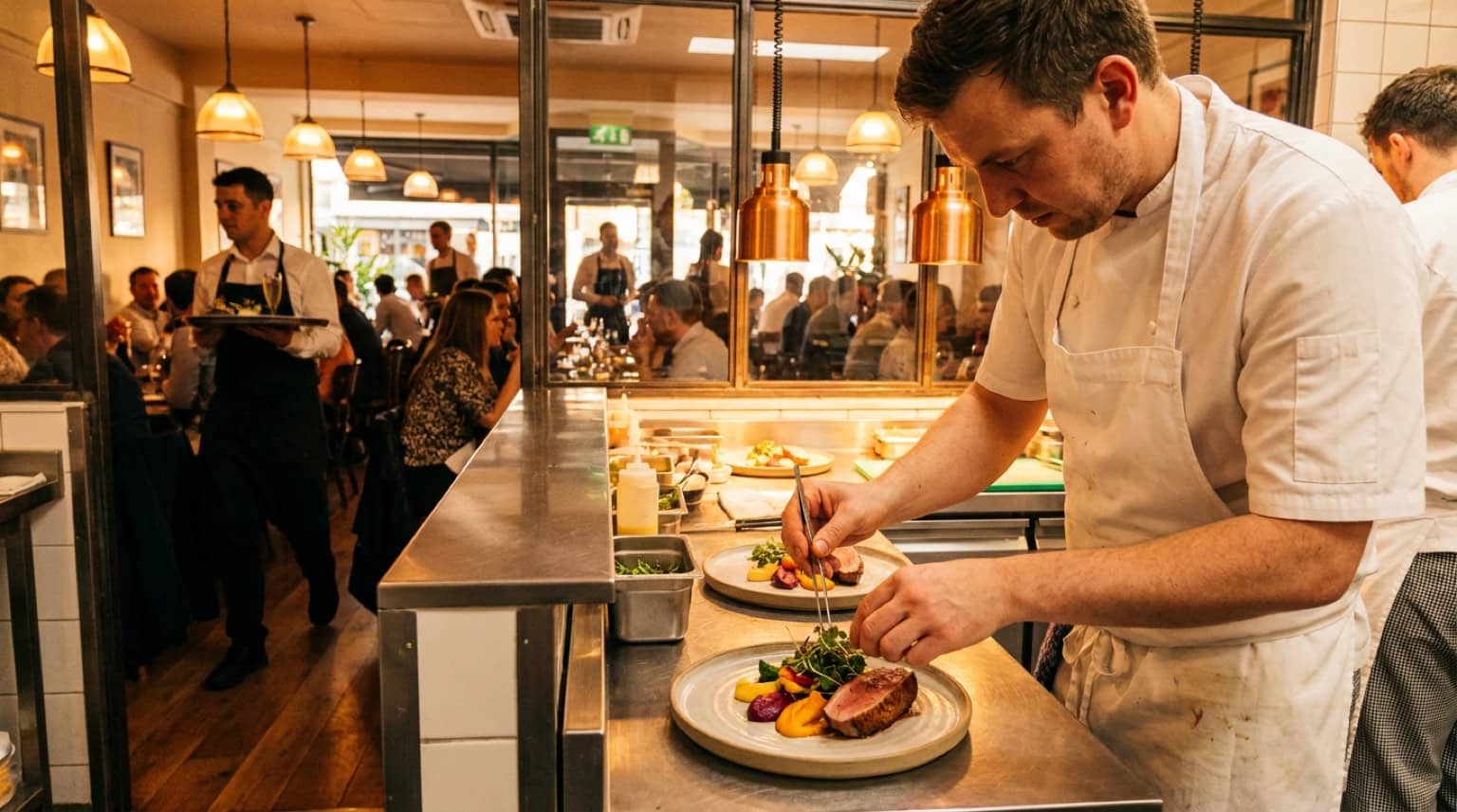 Un chef dresse une assiette au passe, salle de restaurant pleine en arrière-plan