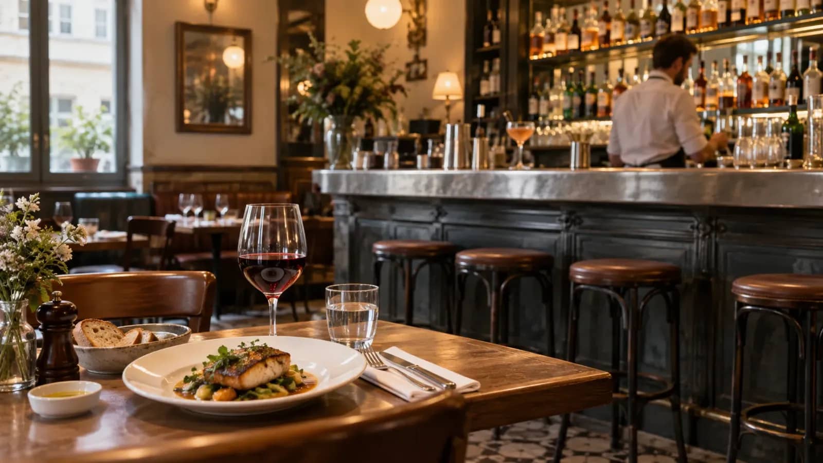 Repas servi avec un verre de vin devant le bar d’un restaurant lyonnais
