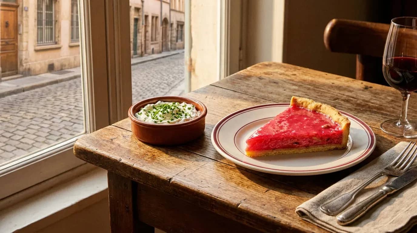 Part de tarte aux pralines roses et cervelle de canut, desserts typiques des bouchons lyonnais