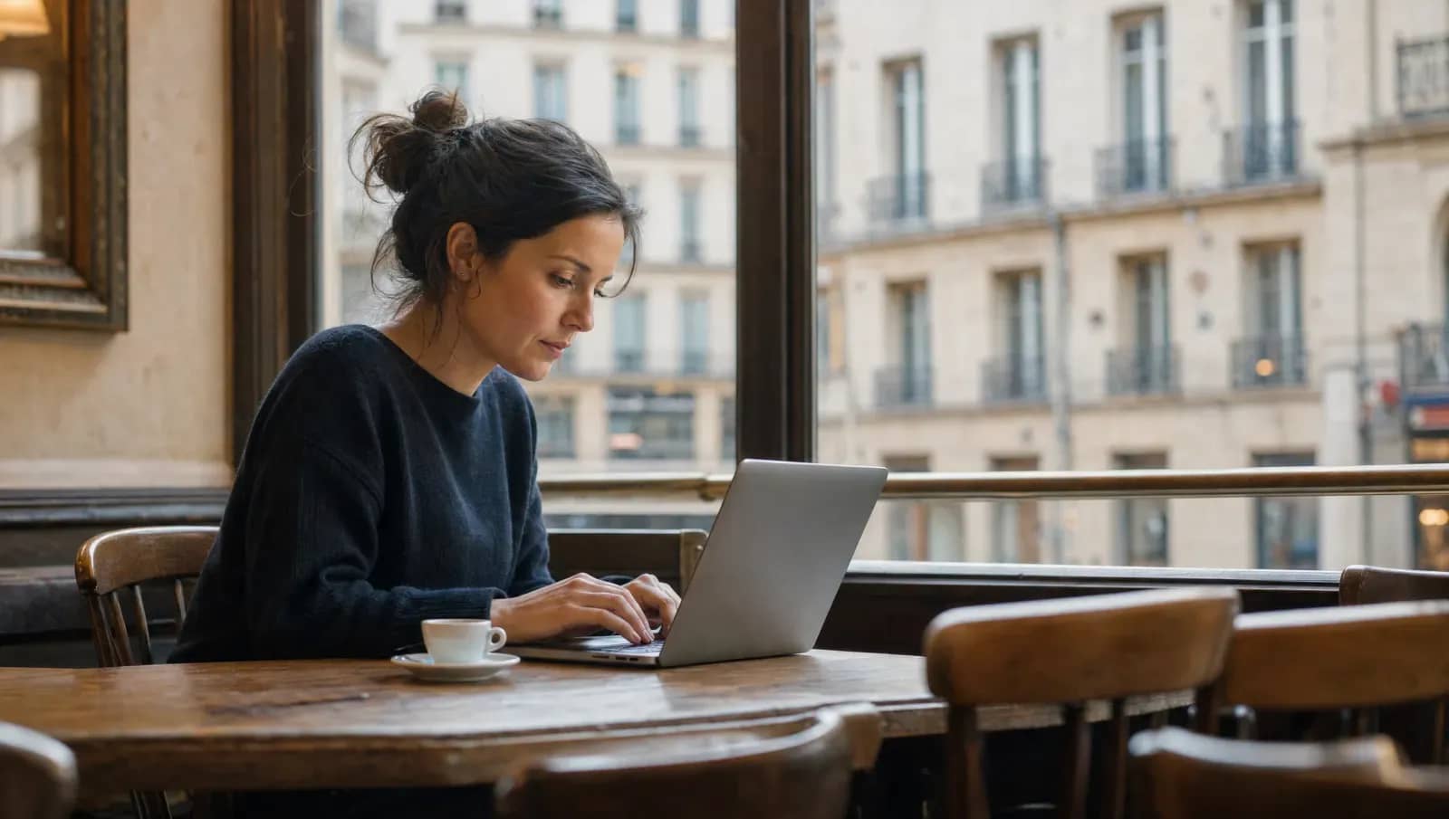Restauratrice répondant aux avis Google de son restaurant sur un ordinateur portable