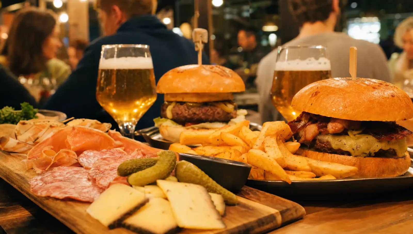 Planche de charcuterie et fromages, burgers maison, frites et bières artisanales servis dans un food court de Lyon pendant un match