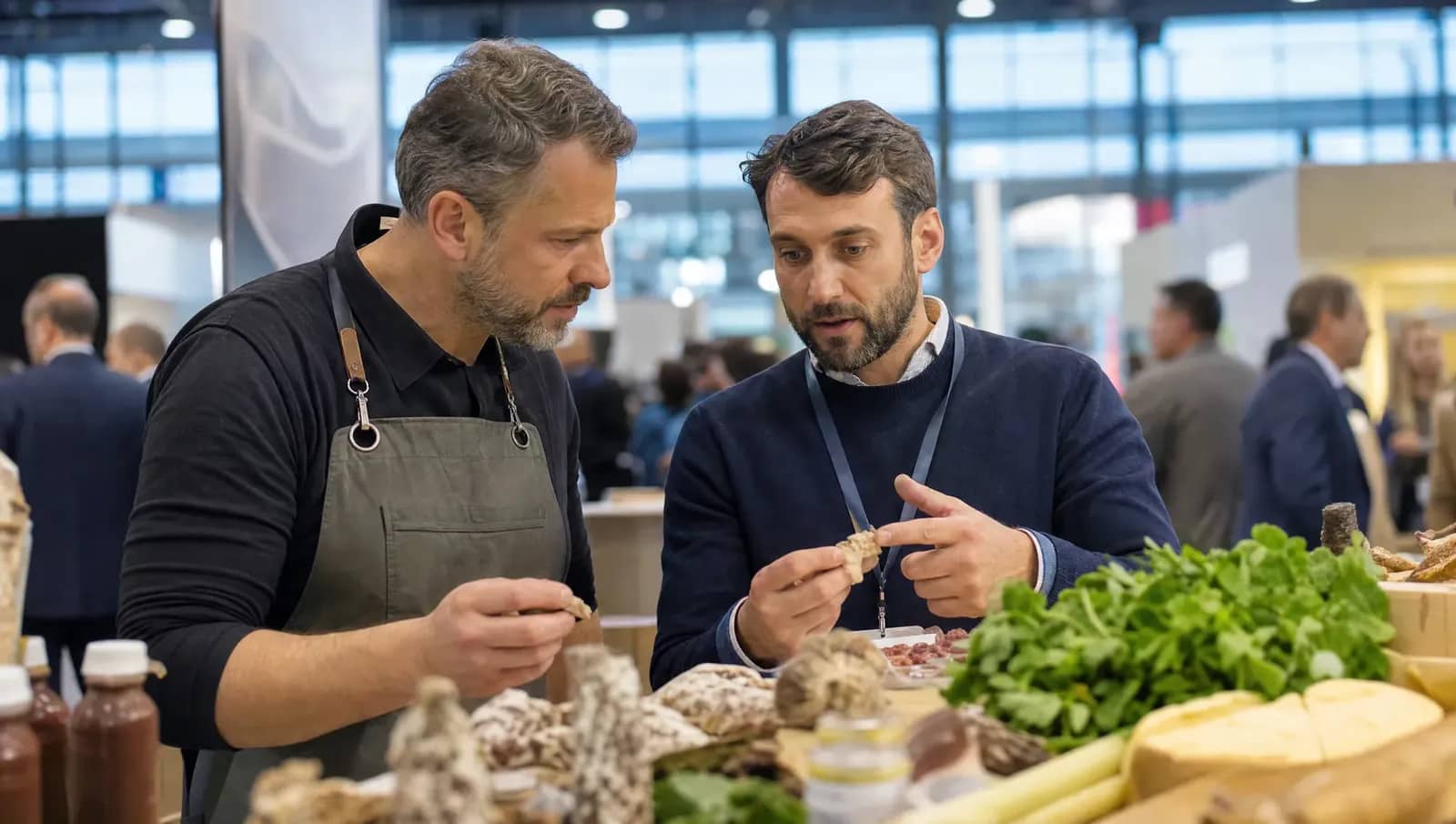 Un restaurateur et un fournisseur dégustent des produits frais sur un stand du salon Sirha à Lyon