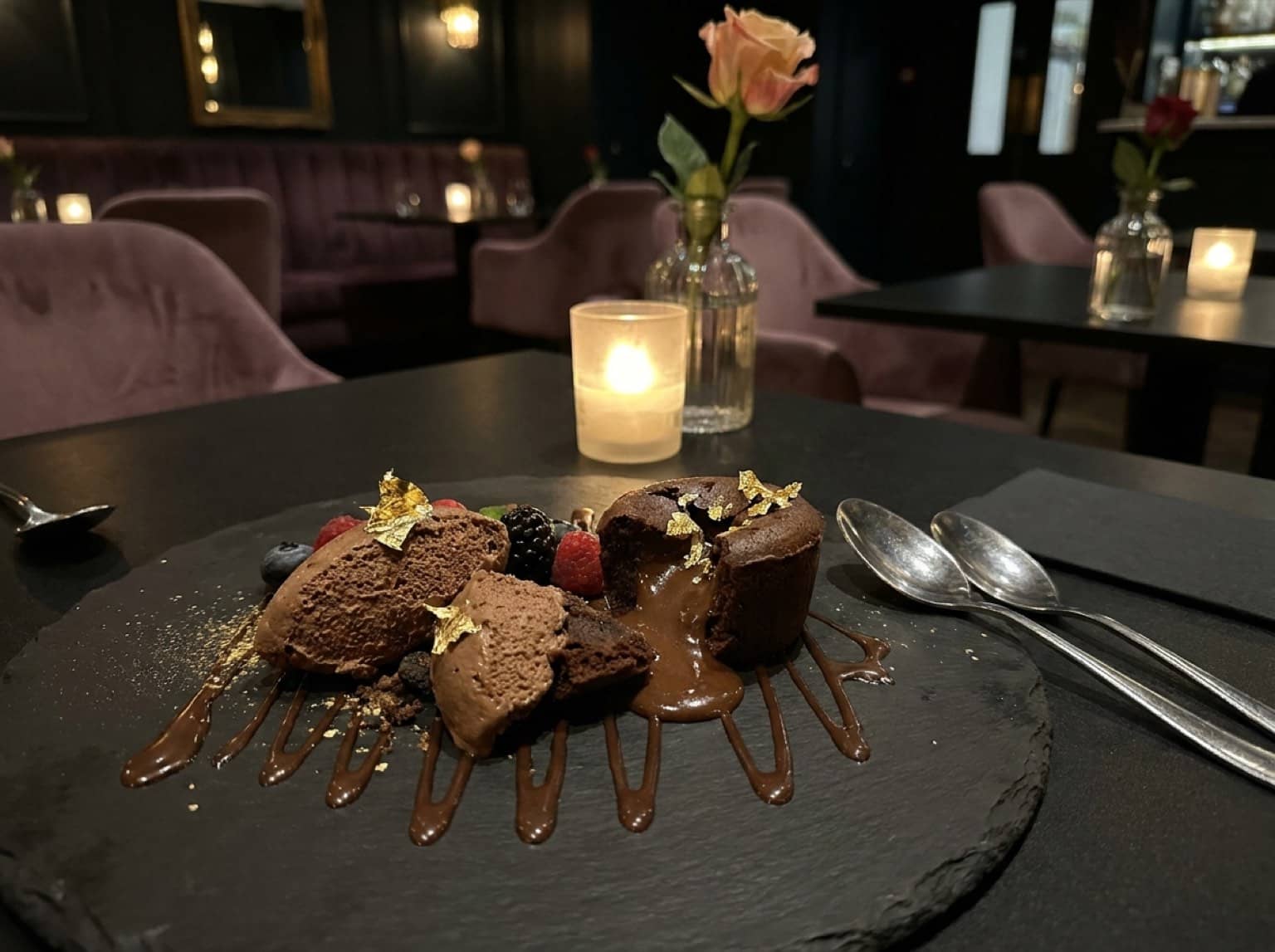 Dessert au chocolat à partager pour deux à la bougie