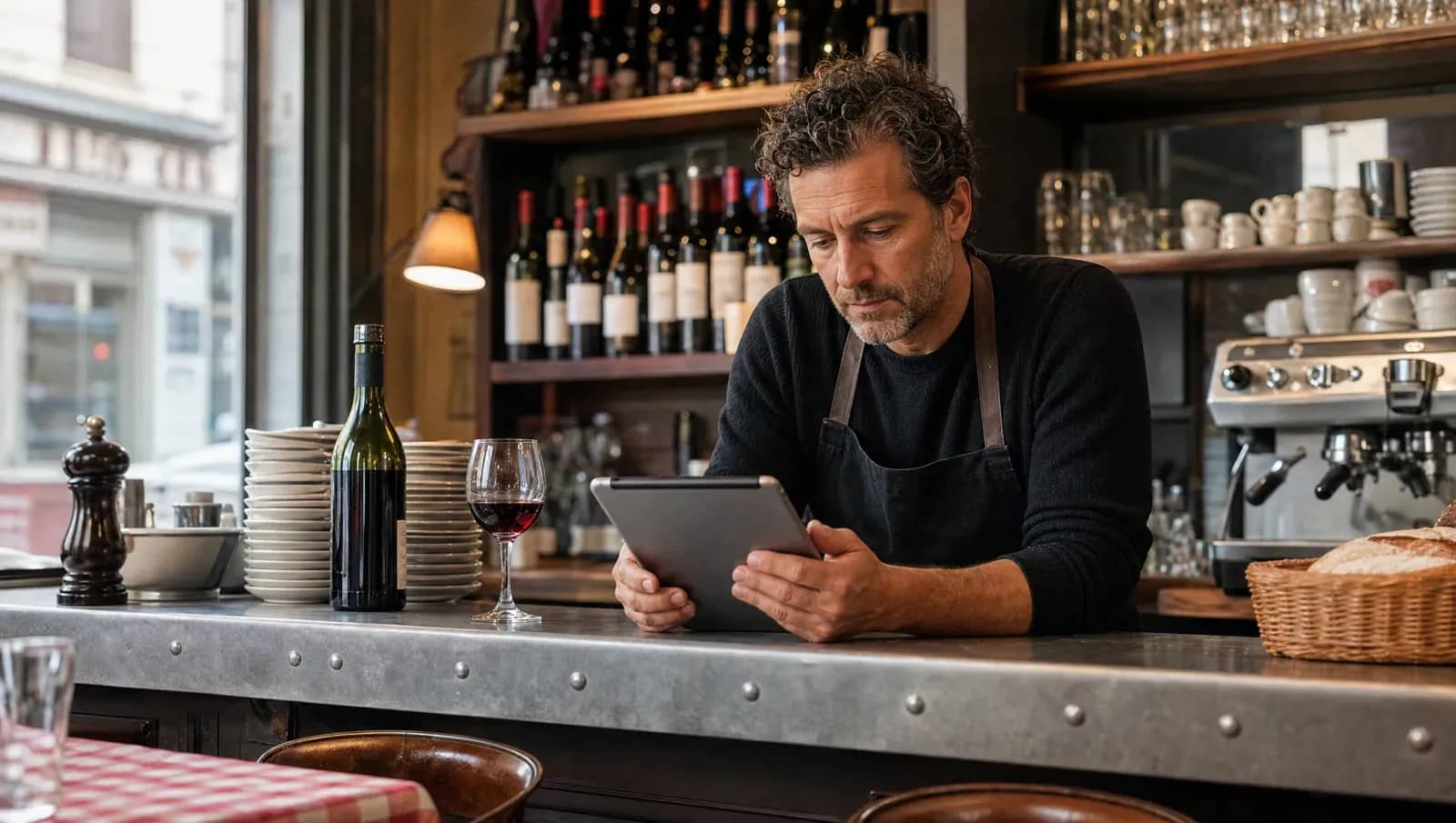 Restaurateur lyonnais derrière le comptoir en zinc de son bistrot, consultant une tablette pour préparer la relance de ses clients.