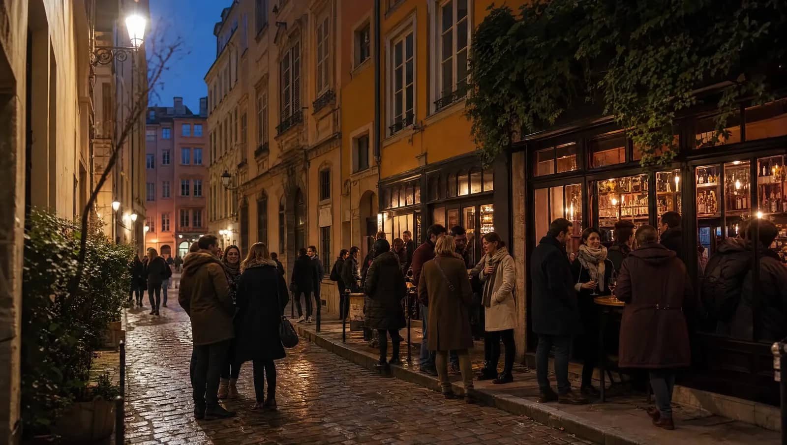 Rue pavée de la Presqu'île de Lyon un soir de novembre, groupes d'amis devant un bar à vin éclairé