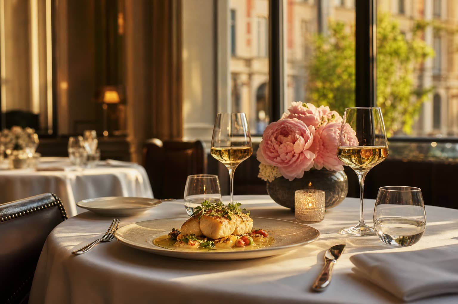 Table dressée dans un restaurant gastronomique lyonnais pour un déjeuner de fête des mères