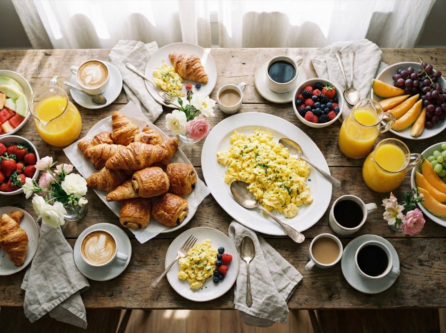 Buffet de brunch généreux vu de dessus : viennoiseries, œufs et fruits