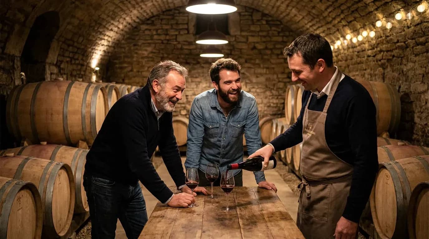 Père et fils riant pendant un atelier dégustation de vin dans une cave en pierre, sommelier servant un verre de rouge