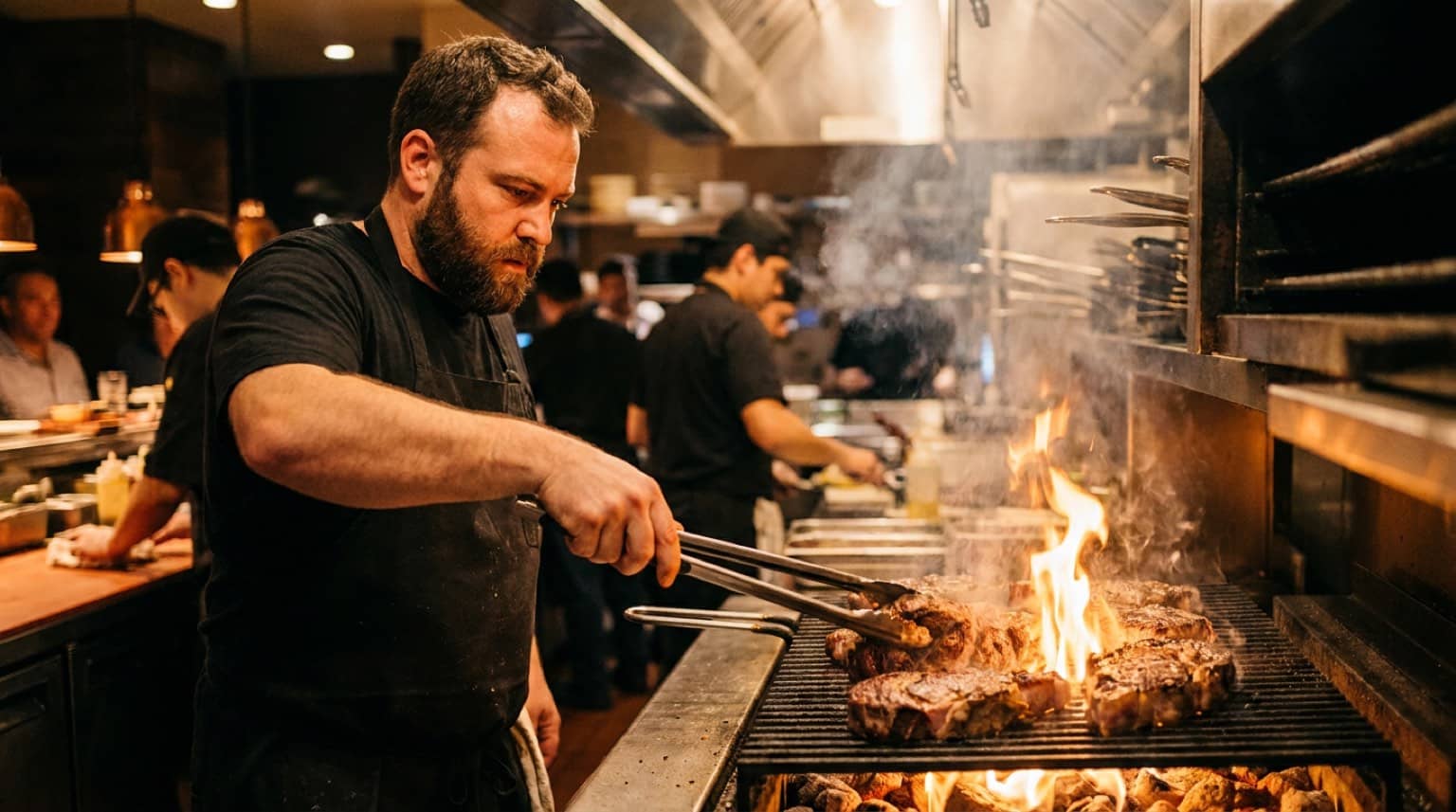 Un chef grille de la viande au-dessus des flammes en cuisine