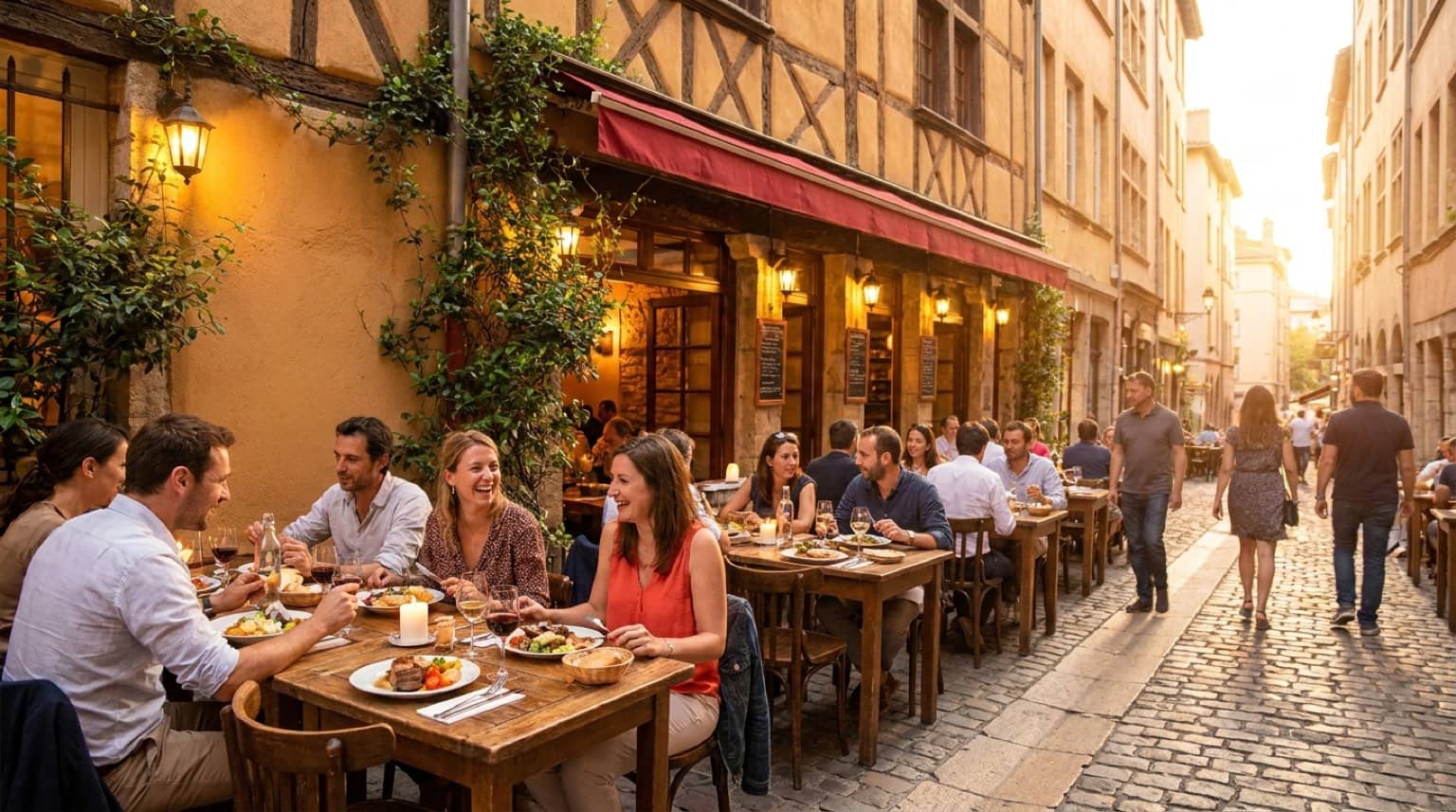 Terrasse de restaurant lyonnais à l'heure dorée, tables dressées aux chandelles