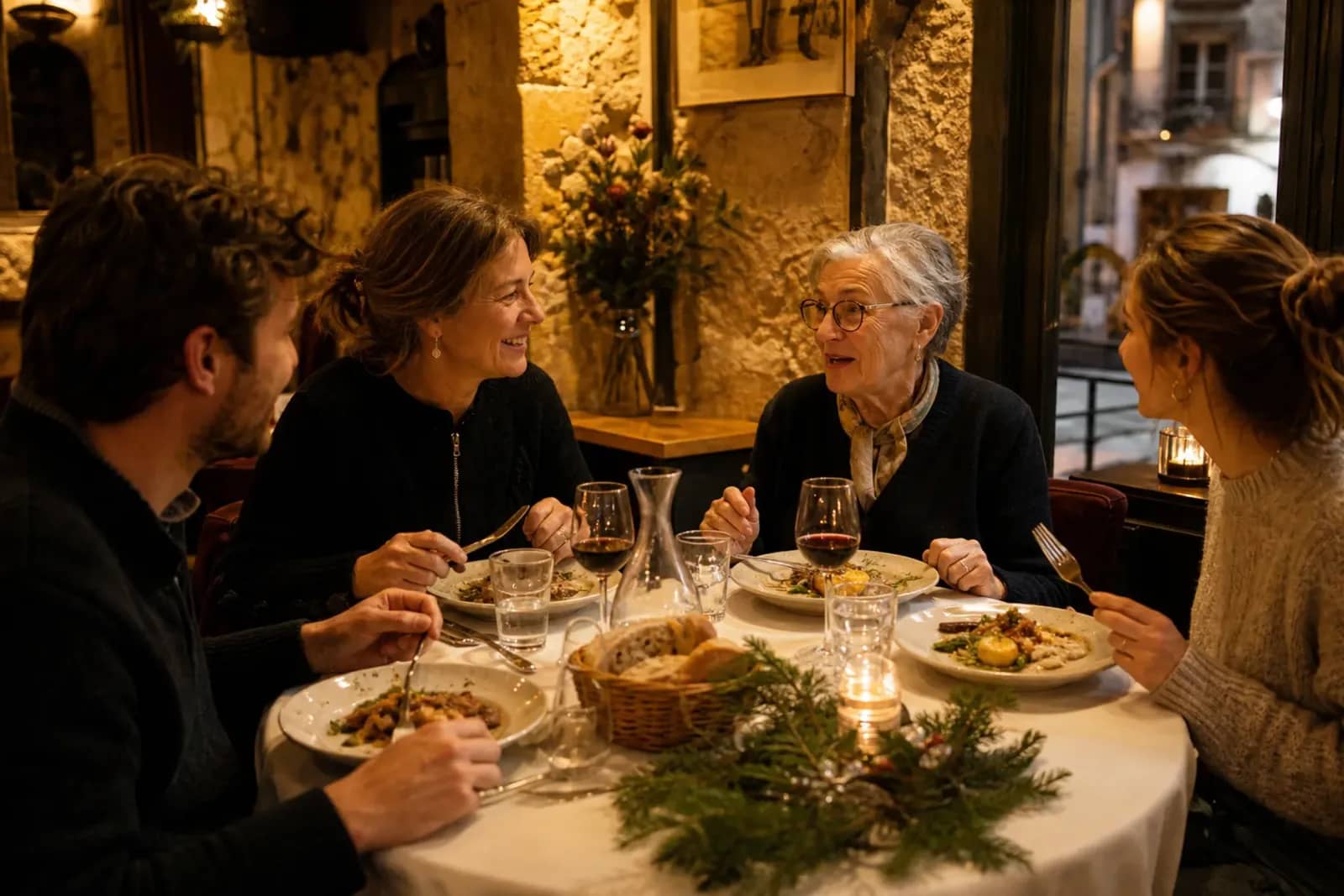 Famille réunie autour d’un dîner de Noël dans un restaurant lyonnais