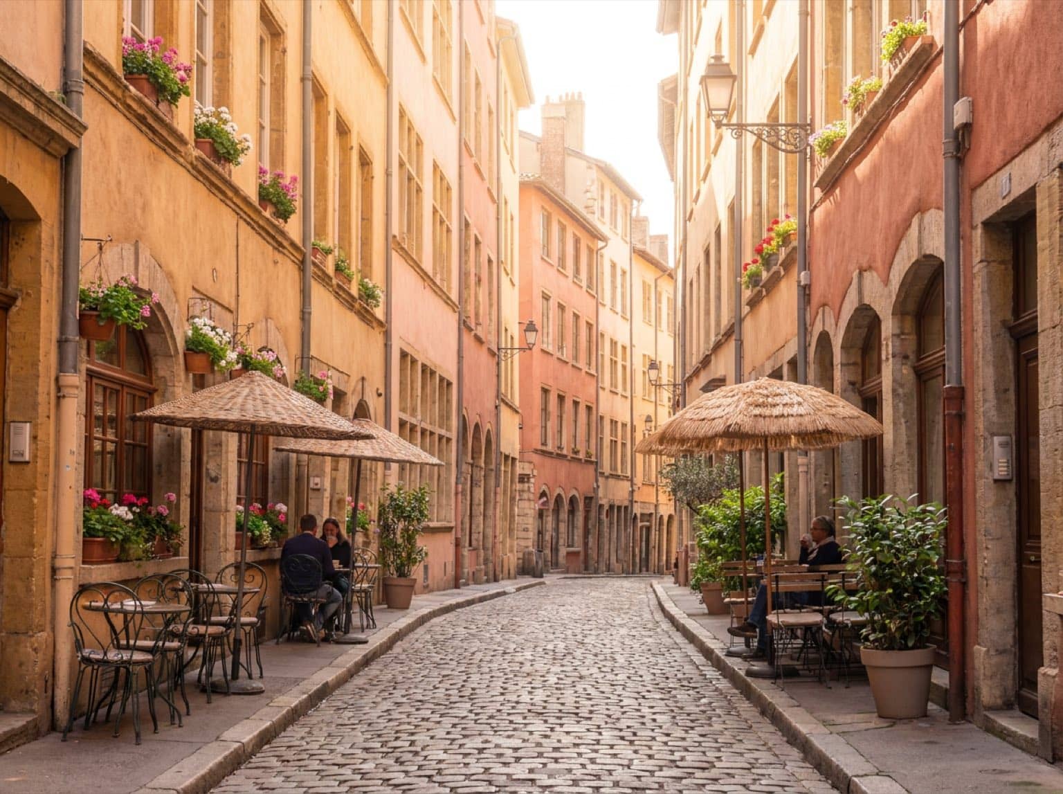 Rue pavée du Vieux Lyon un matin de printemps ensoleillé