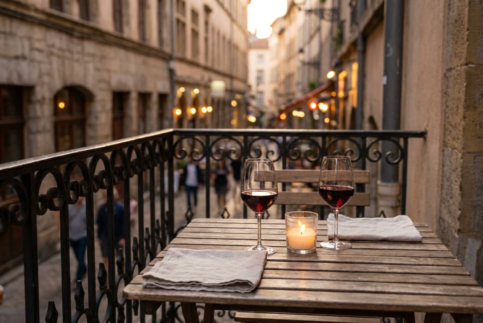Table de restaurant dressée sur une terrasse lyonnaise au crépuscule, deux verres de vin