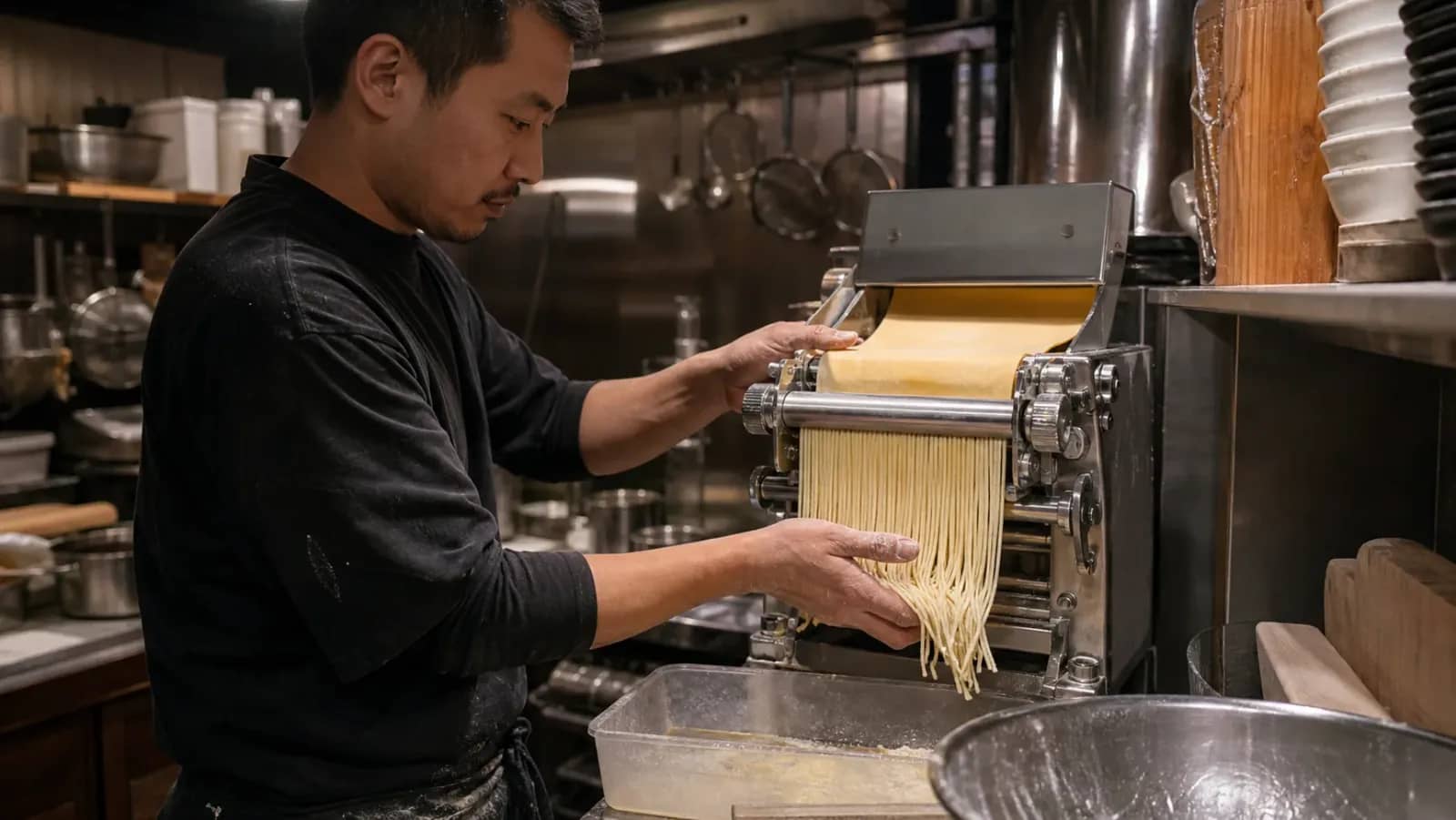 Artisan préparant des nouilles fraîches à la machine dans une cuisine de ramen