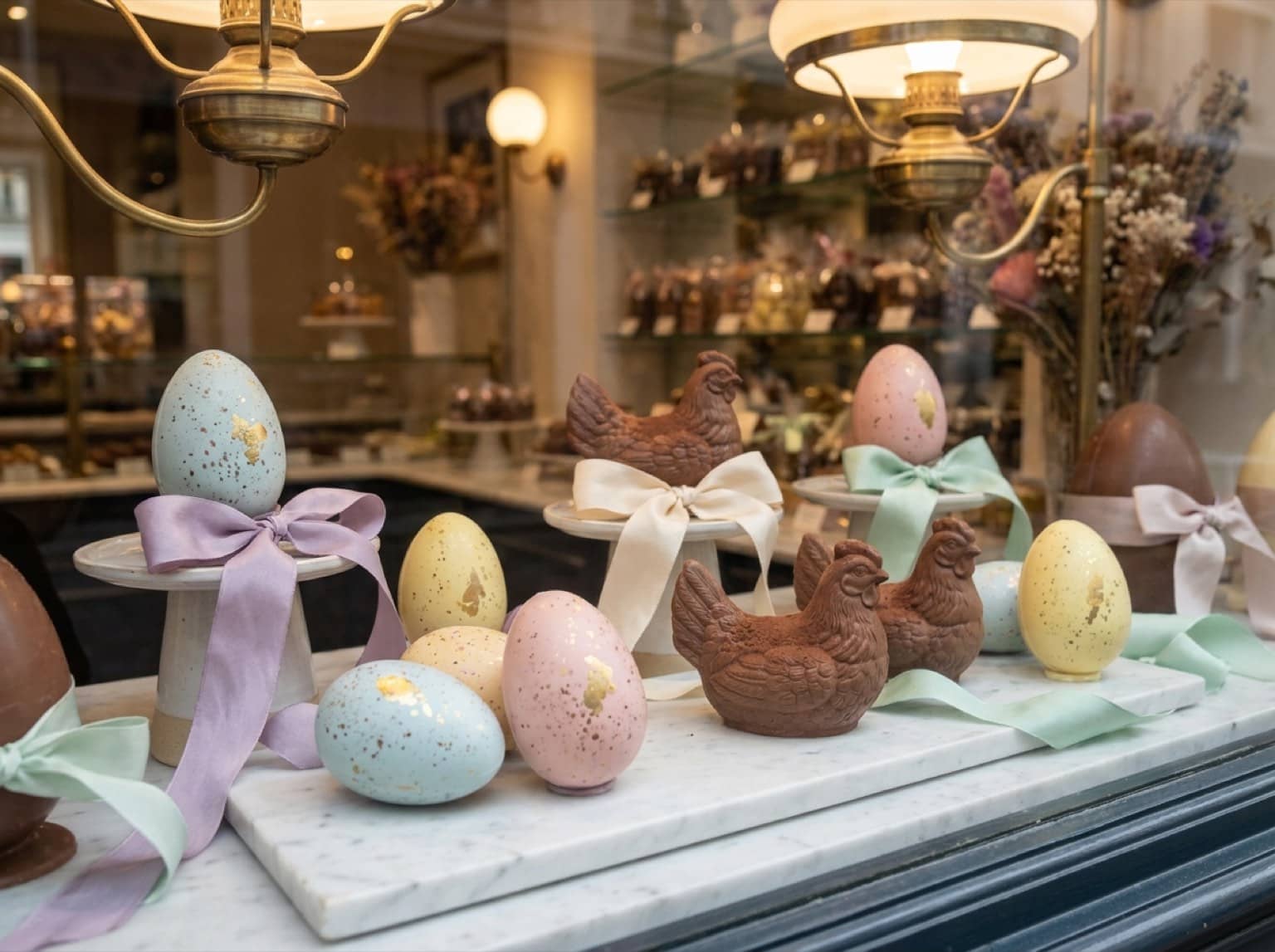 Œufs et poules en chocolat artisanal présentés en vitrine pour Pâques