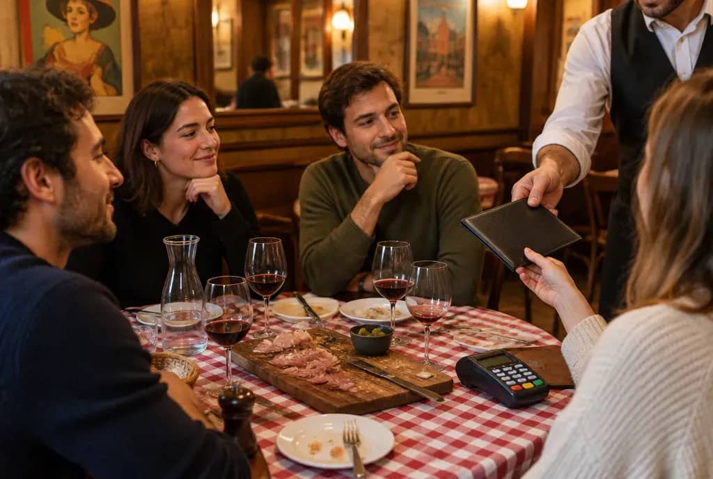 Serveur remettant l'addition à une tablée de quatre amis dans un bouchon lyonnais, planche de charcuterie et verres de vin sur la nappe à carreaux