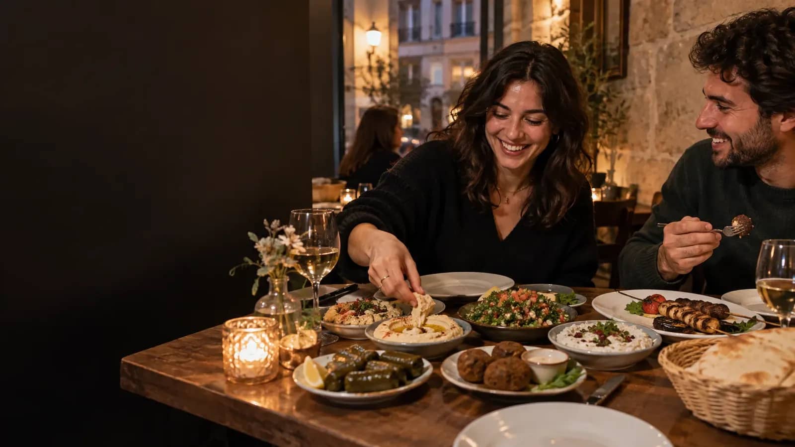 Table de mezzés libanais partagée dans un restaurant chaleureux à Lyon