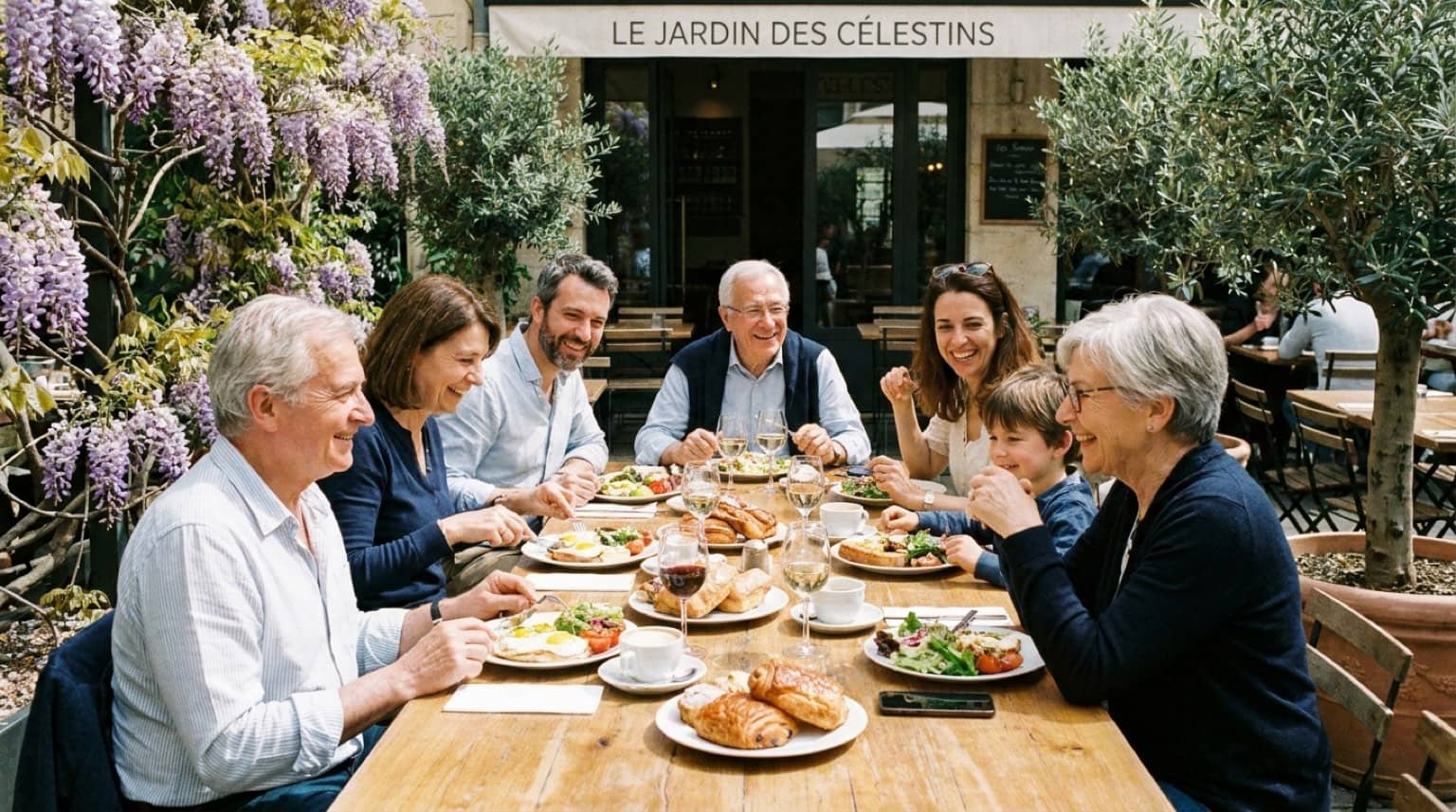 Famille attablée pour un brunch sur une terrasse ensoleillée à Lyon