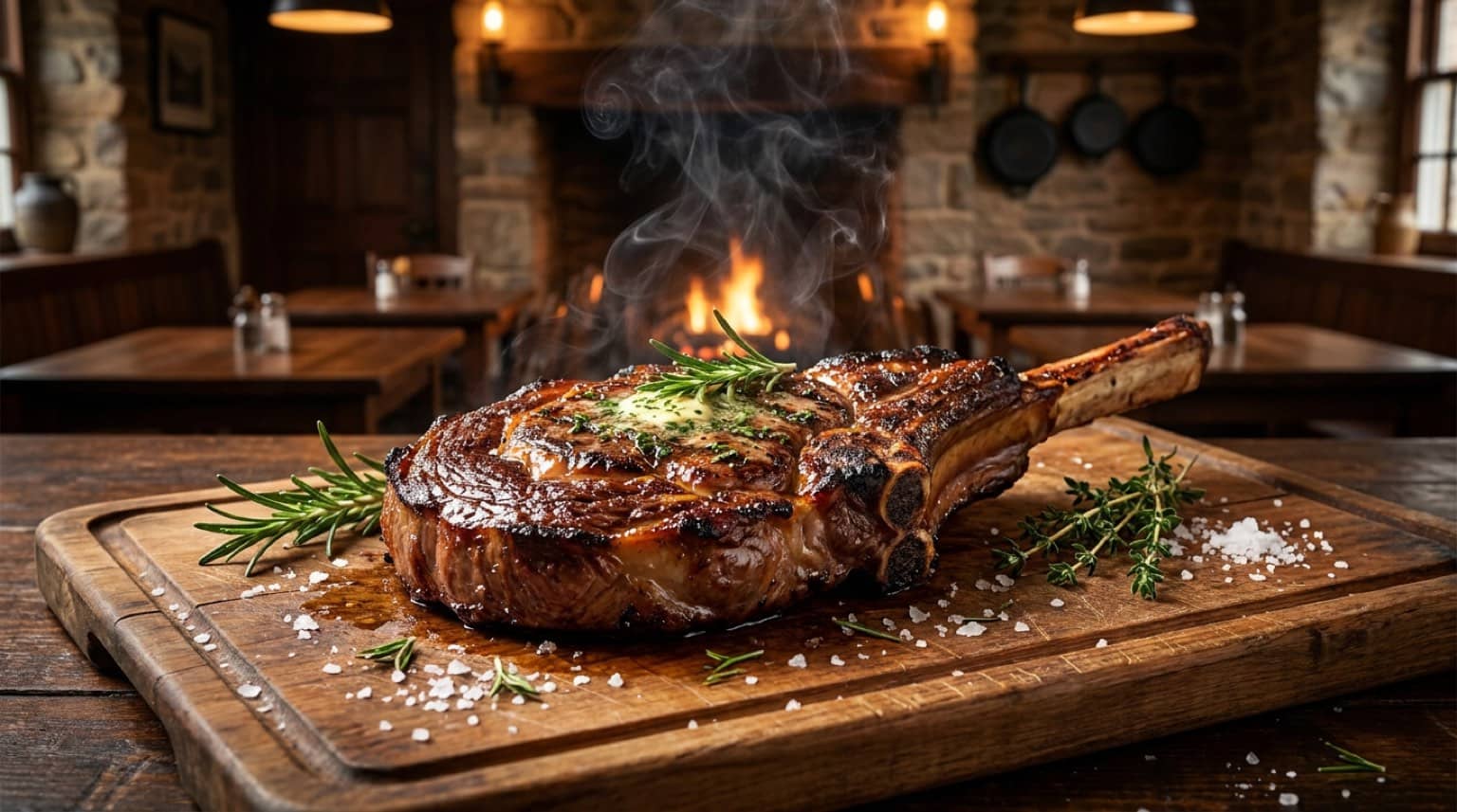 Côte de bœuf grillée et juteuse posée sur une planche en bois