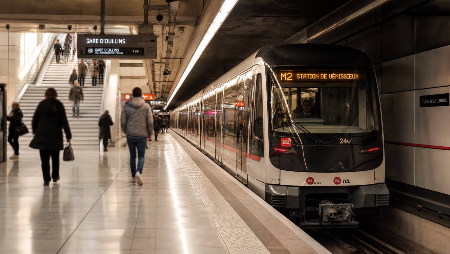 Une rame de métro arrive en station à Lyon dans la lumière du matin