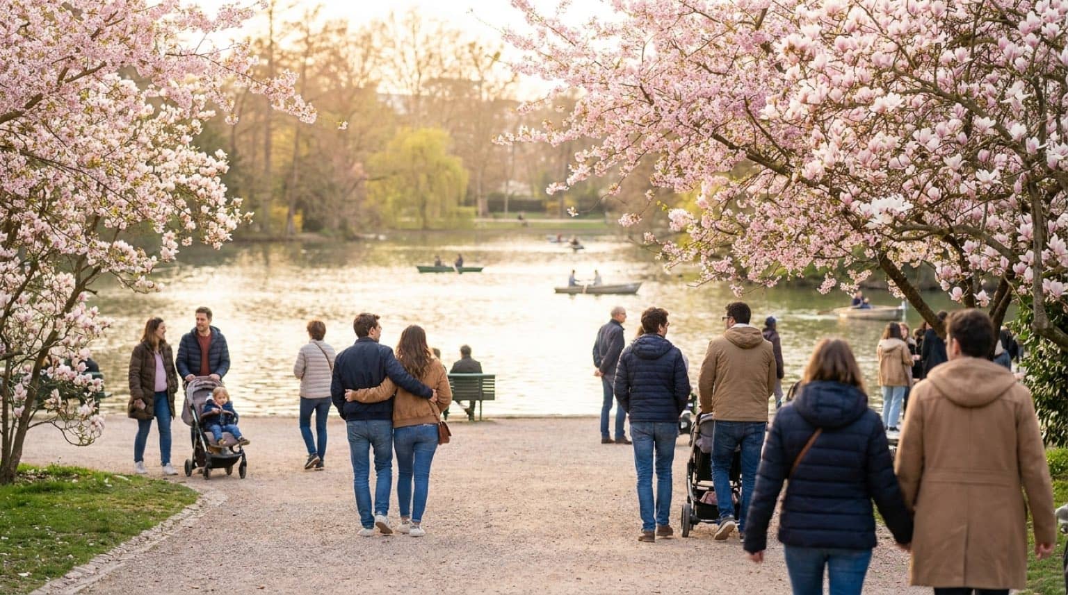 Promenade printanière paisible dans un grand parc lyonnais le lundi de Pâques