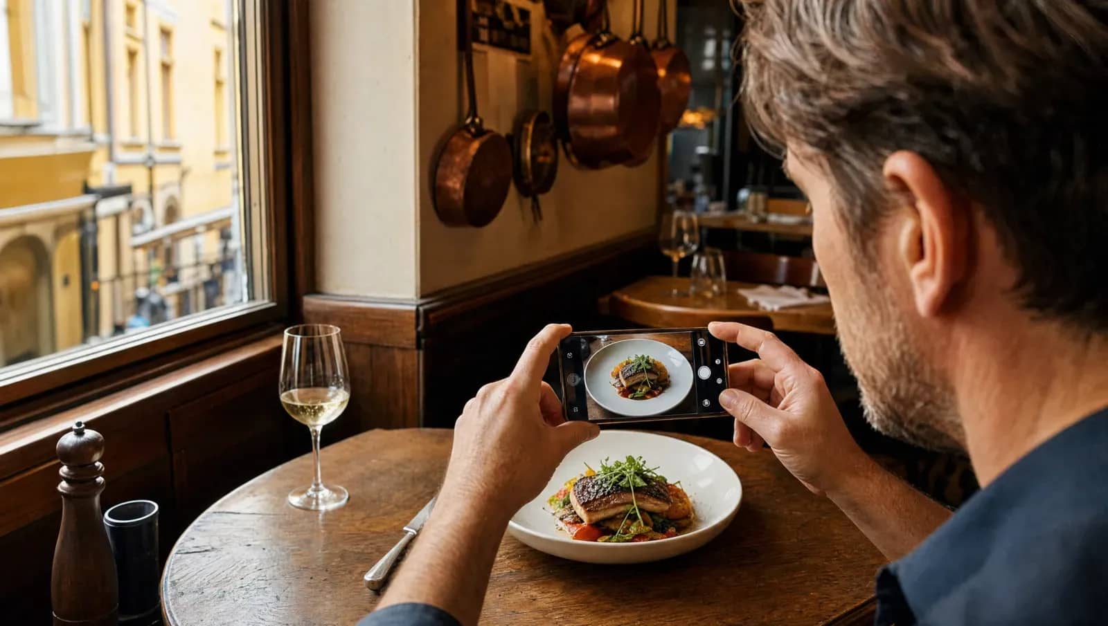 Restaurateur photographiant un plat dressé avec son smartphone dans un bistrot lyonnais, casseroles en cuivre au mur