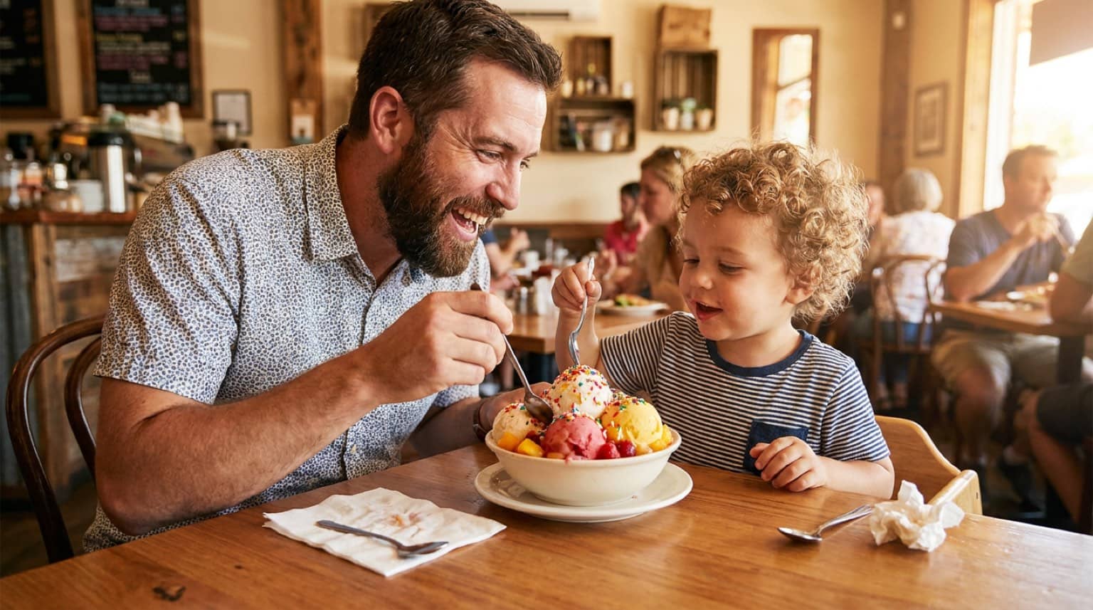 Un père et son enfant partagent un dessert au restaurant