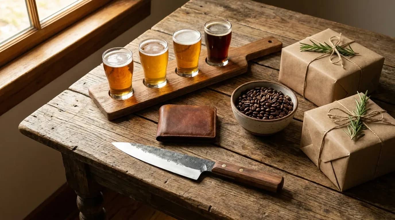 Idées cadeaux fête des pères disposées sur une table en bois : verres à bière, portefeuille en cuir, couteau artisanal, café et paquets kraft