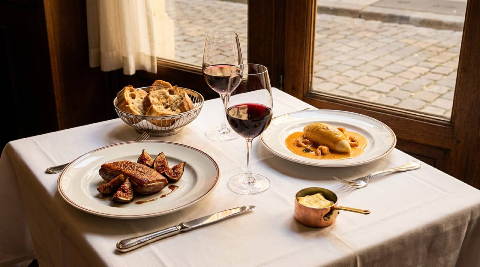 Table de déjeuner dans un bistrot lyonnais ensoleillé, deux verres de vin rouge et assiettes gastronomiques